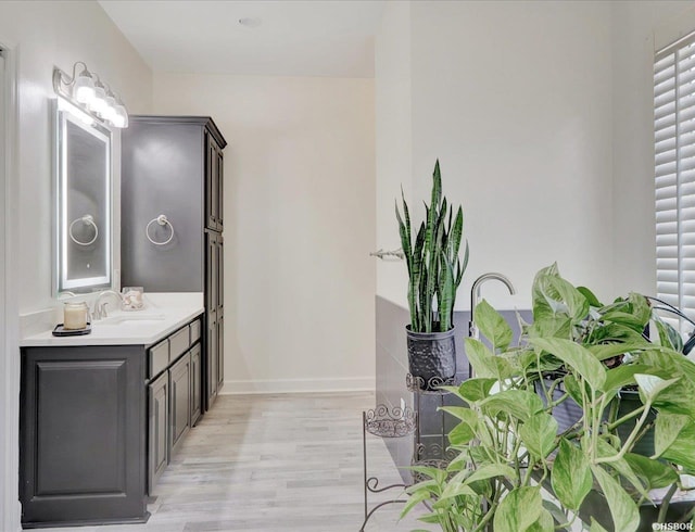 bathroom with wood finished floors, vanity, and baseboards