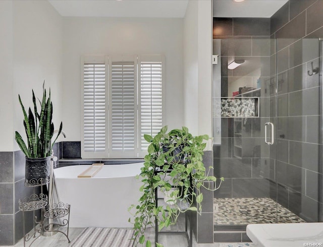 full bathroom featuring a freestanding bath, a shower stall, and toilet