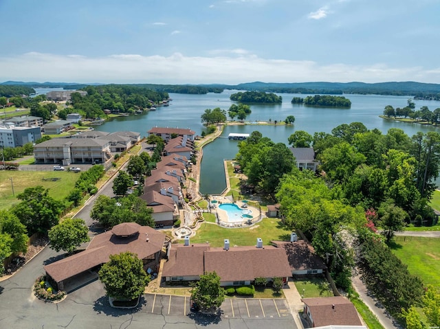 aerial view featuring a water view and a residential view