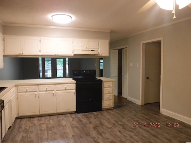 109 Indian Hills St Unit C10, Hot Springs, AR 71913 - kitchen with black electric range, under cabinet range hood, crown molding, white cabinetry, and dark wood-type flooring