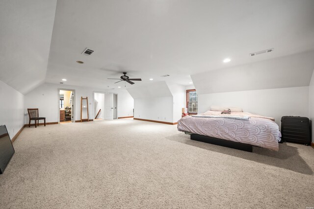 bedroom featuring lofted ceiling, visible vents, baseboards, and recessed lighting