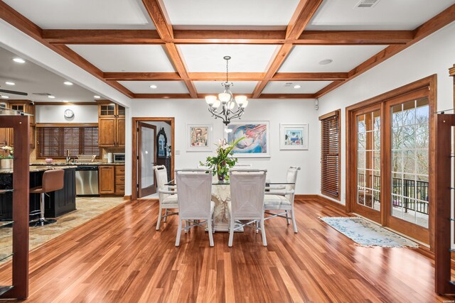 dining space with baseboards, coffered ceiling, a notable chandelier, light wood-type flooring, and beam ceiling