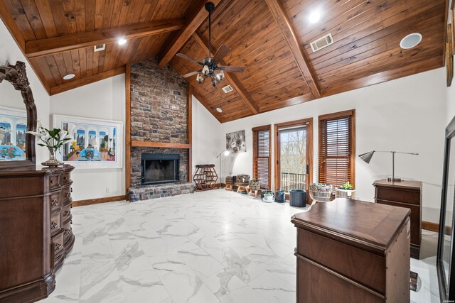 living area with a stone fireplace, wooden ceiling, visible vents, marble finish floor, and beam ceiling