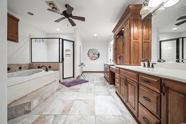 full bath featuring a garden tub, recessed lighting, a stall shower, ceiling fan, and vanity