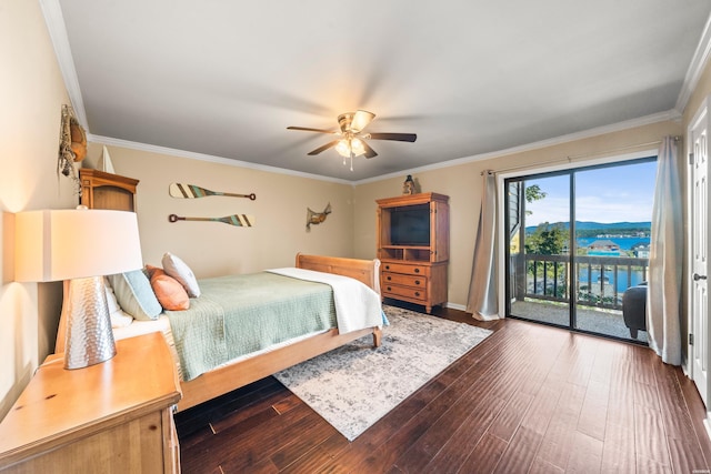 bedroom with access to exterior, a water view, dark wood finished floors, and ornamental molding