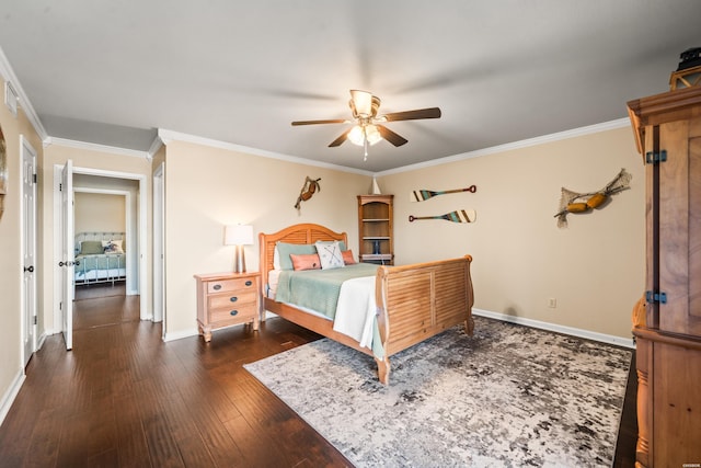 bedroom featuring baseboards, dark wood-type flooring, a ceiling fan, and crown molding