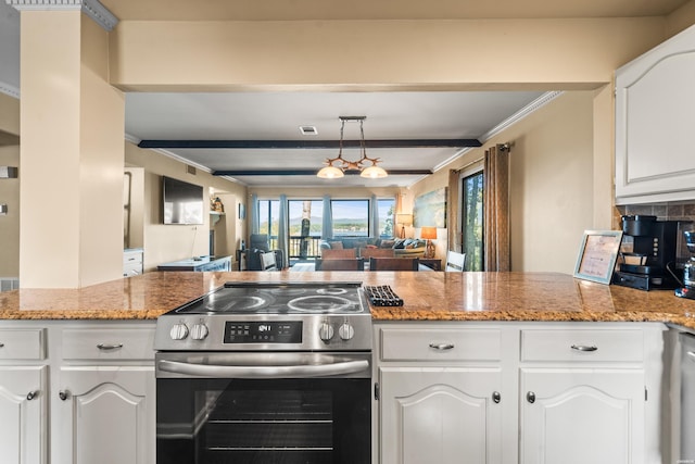 kitchen featuring stone countertops, electric range, white cabinetry, open floor plan, and beam ceiling