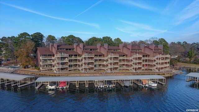 view of building exterior featuring a water view