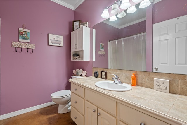 114 Cliffwood Loop, Hot Springs, AR 71913 - bathroom with decorative backsplash, ornamental molding, toilet, vanity, and baseboards