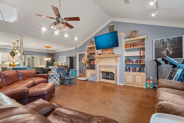 114 Cliffwood Loop, Hot Springs, AR 71913 - living area with rail lighting, finished concrete flooring, ceiling fan, a premium fireplace, and lofted ceiling