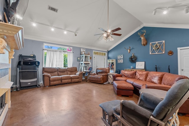 114 Cliffwood Loop, Hot Springs, AR 71913 - living area featuring rail lighting, ceiling fan, vaulted ceiling, crown molding, and concrete floors