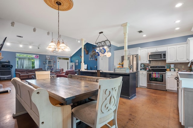 114 Cliffwood Loop, Hot Springs, AR 71913 - dining space featuring a chandelier, ornamental molding, recessed lighting, and lofted ceiling