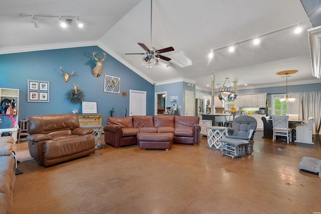 114 Cliffwood Loop, Hot Springs, AR 71913 - living area with rail lighting, a chandelier, a ceiling fan, lofted ceiling, and crown molding
