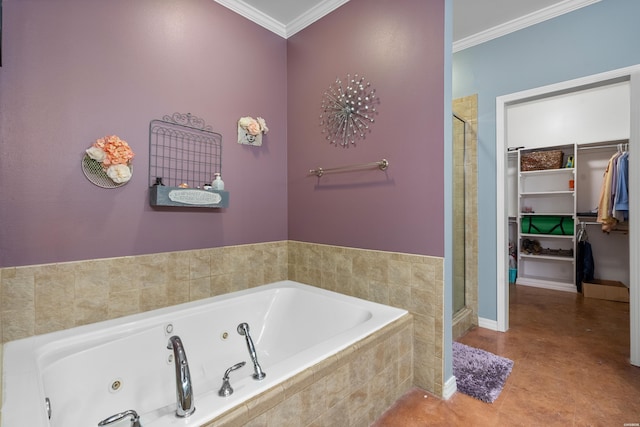 114 Cliffwood Loop, Hot Springs, AR 71913 - bathroom with ornamental molding, a stall shower, a jetted tub, and a spacious closet