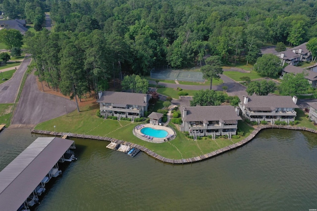 400 Farr Shores Dr Unit 2E, Hot Springs, AR 71913 - aerial overview of property's location featuring a nearby body of water, a pool area, and a heavily wooded area