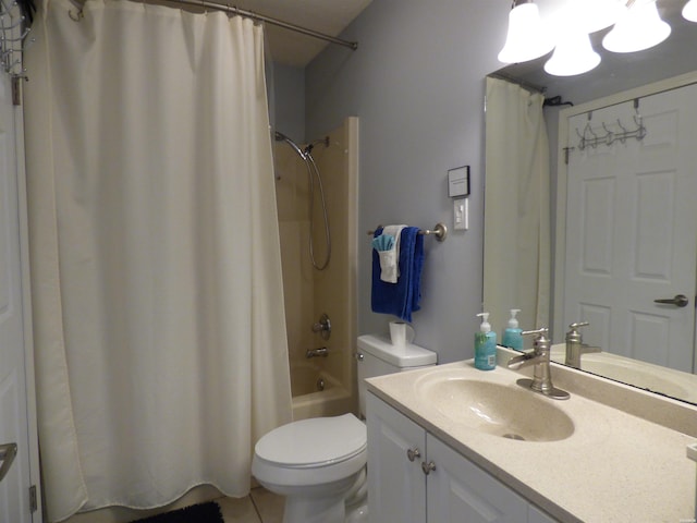 400 Farr Shores Dr Unit 2E, Hot Springs, AR 71913 - full bath with shower / bathtub combination with curtain, vanity, toilet, tile patterned floors, and a chandelier