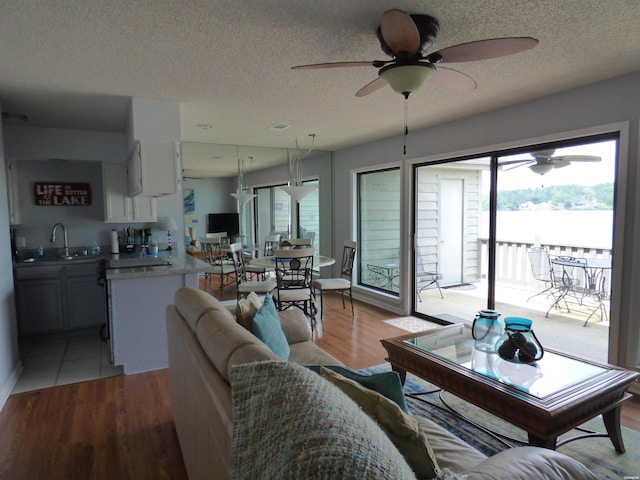400 Farr Shores Dr Unit 2E, Hot Springs, AR 71913 - living area with healthy amount of natural light, a ceiling fan, a textured ceiling, and light wood-style flooring