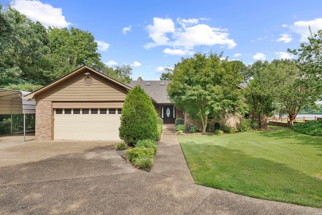 single story home with concrete driveway, brick siding, an attached garage, and a front lawn