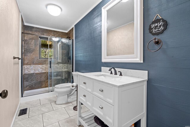 bathroom featuring a stall shower, visible vents, toilet, tile patterned floors, and vanity