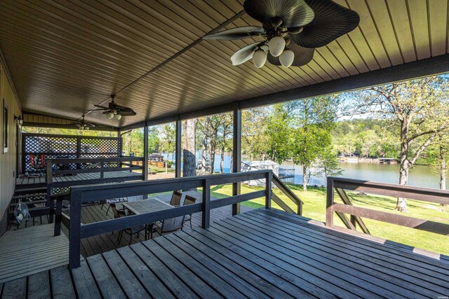 wooden deck featuring a water view and a ceiling fan