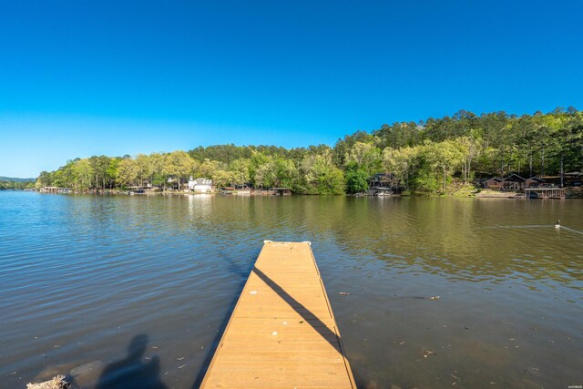 dock area featuring a water view and a wooded view