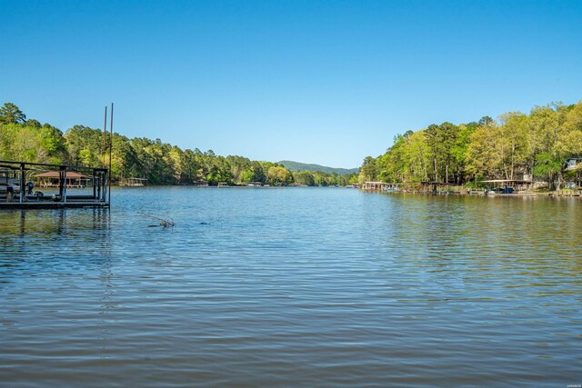 view of water feature featuring a dock and a wooded view