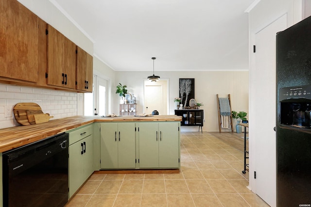 1405 Emory St, Hot Springs, AR 71913 - kitchen featuring black appliances, a peninsula, tasteful backsplash, light tile patterned flooring, and ornamental molding
