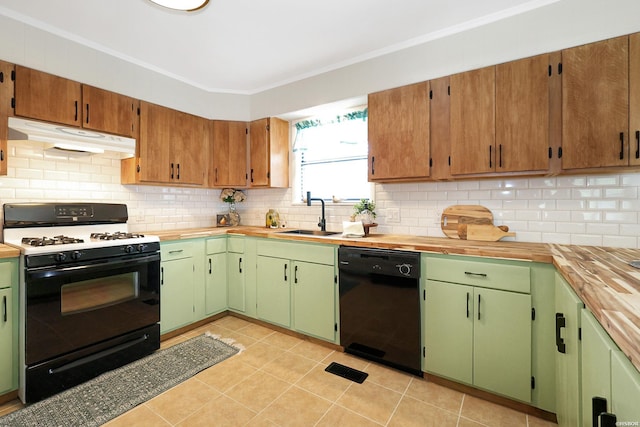 1405 Emory St, Hot Springs, AR 71913 - kitchen featuring black appliances, under cabinet range hood, a sink, crown molding, and light tile patterned flooring
