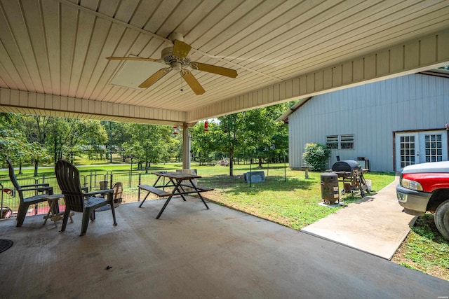 view of patio / terrace featuring a ceiling fan and grilling area