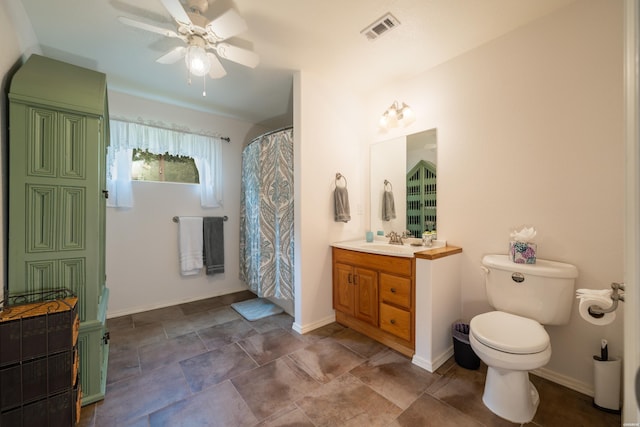 bathroom with toilet, a ceiling fan, vanity, visible vents, and baseboards