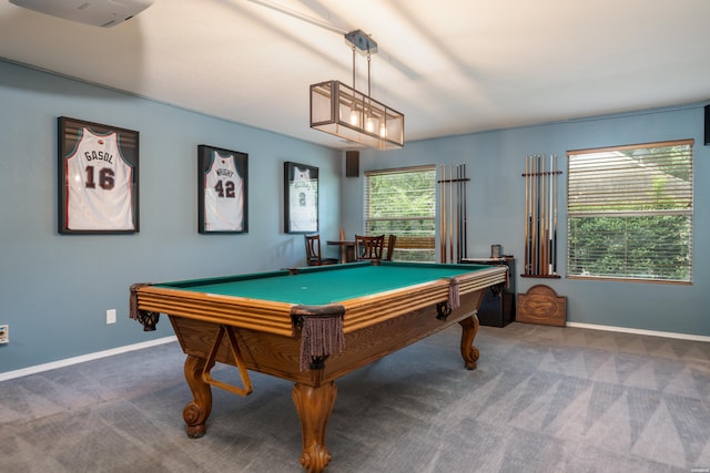 rec room with billiards, baseboards, and dark colored carpet