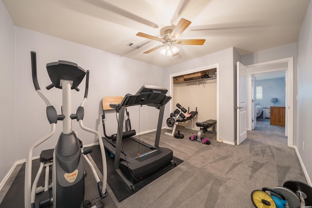 exercise area featuring ceiling fan, carpet, visible vents, and baseboards