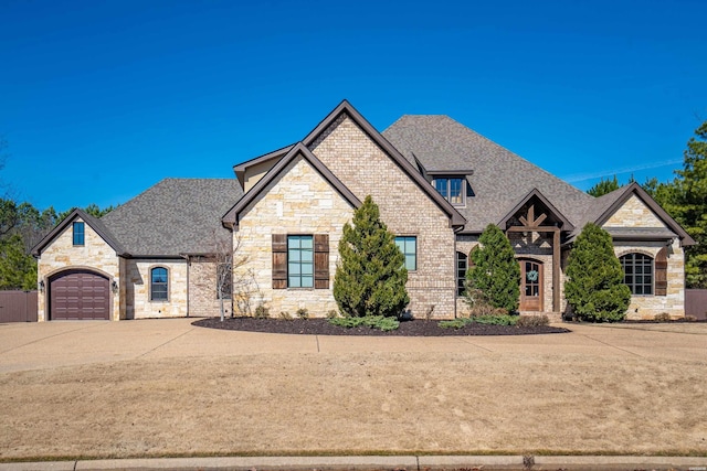 french country style house featuring an attached garage, brick siding, driveway, stone siding, and roof with shingles