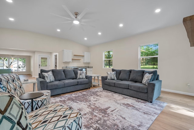 106 Grissom Trl, Hot Springs, AR 71913 - living room featuring light wood-style floors, ceiling fan, recessed lighting, vaulted ceiling, and baseboards