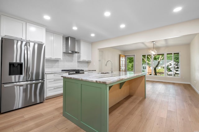 106 Grissom Trl, Hot Springs, AR 71913 - kitchen featuring stainless steel fridge with ice dispenser, wall chimney range hood, a sink, white cabinetry, and green cabinetry