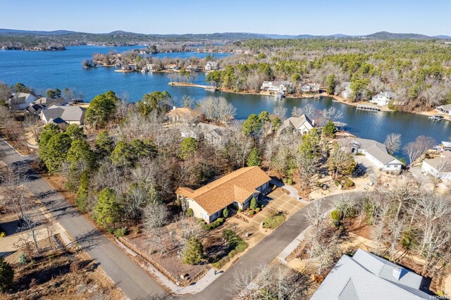 aerial view featuring a water and mountain view