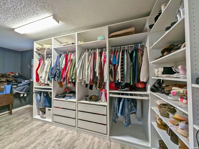 walk in closet with light wood-type flooring