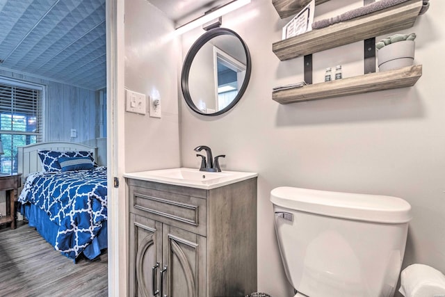 bathroom with wood finished floors, toilet, and vanity