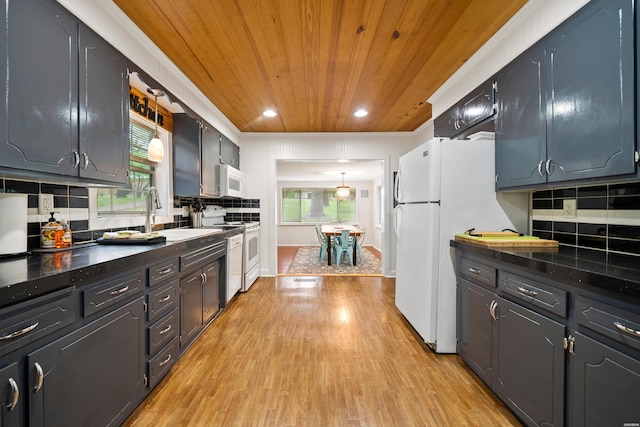 kitchen featuring wood ceiling, a sink, light wood-type flooring, white appliances, and backsplash