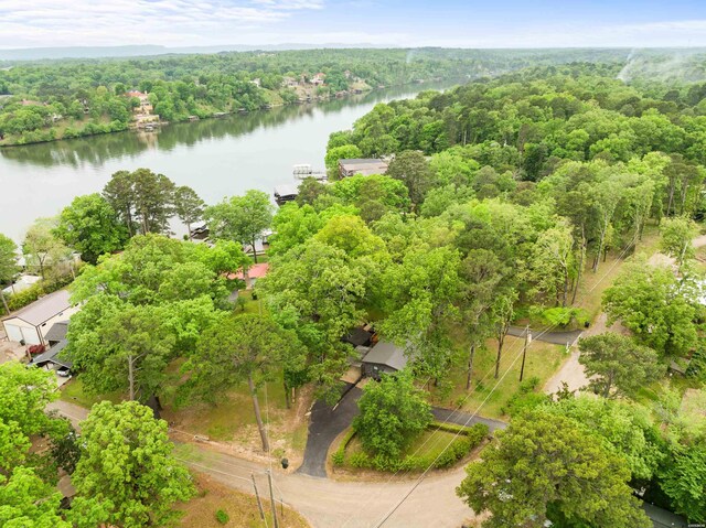 birds eye view of property featuring a forest view and a water view