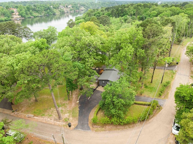 bird's eye view with a wooded view and a water view