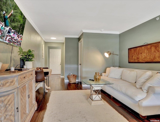 living area featuring ornamental molding, dark wood-style flooring, and baseboards