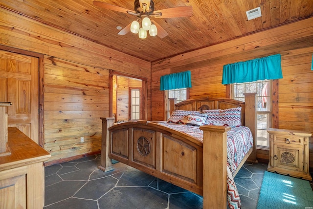 unfurnished bedroom with wood ceiling, visible vents, and wooden walls