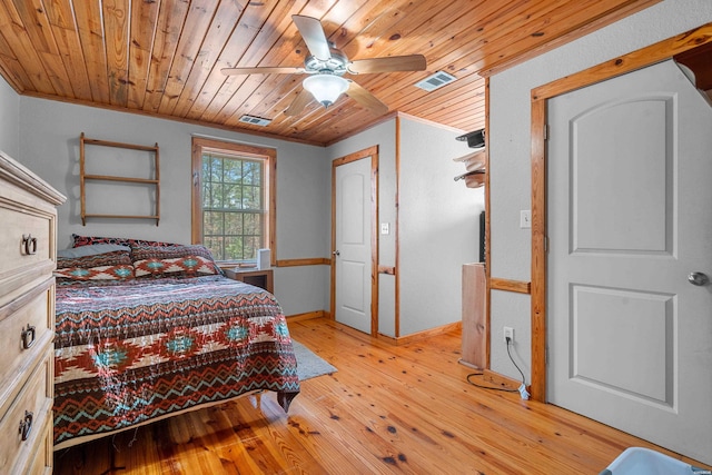 bedroom featuring light wood finished floors, wood ceiling, visible vents, and a ceiling fan