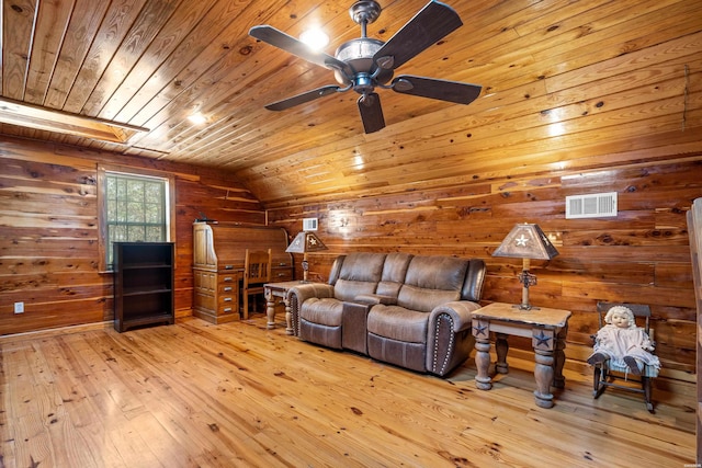 living room featuring wooden ceiling, wood walls, visible vents, vaulted ceiling, and hardwood / wood-style floors