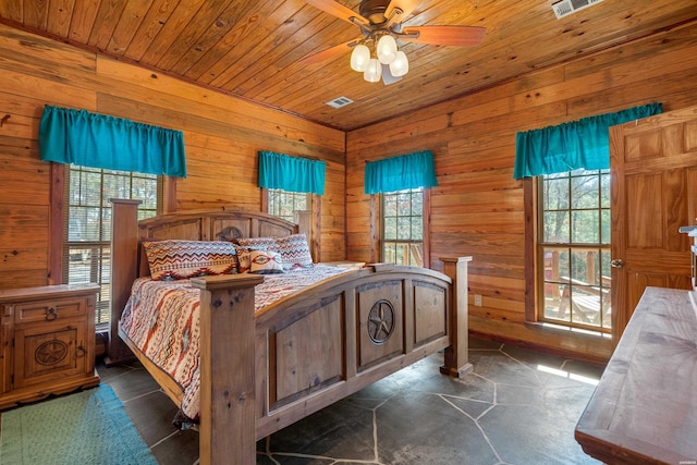 bedroom with wooden ceiling, visible vents, and wood walls