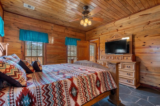 bedroom with wood walls, wood ceiling, and visible vents