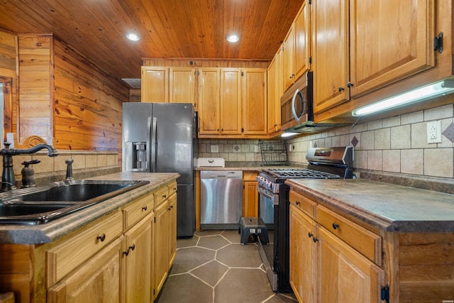 kitchen with appliances with stainless steel finishes, wooden ceiling, a sink, and backsplash