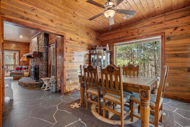 dining area featuring visible vents, wood ceiling, wood walls, a stone fireplace, and ceiling fan