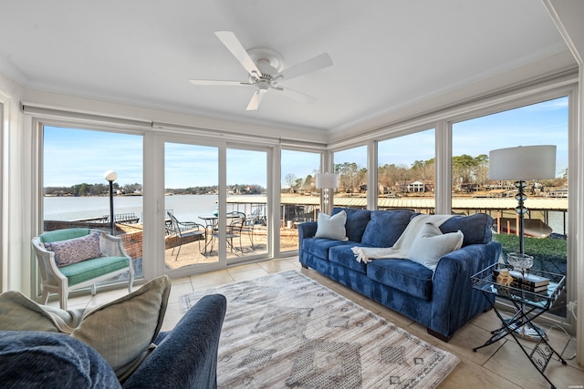 1201 Lakeshore Dr Unit 25, Hot Springs, AR 71913 - sunroom / solarium featuring tile patterned flooring, plenty of natural light, ornamental molding, and a water view